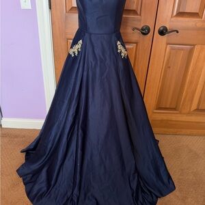 Blondie Nites Navy Strapless Satin Dress Rhinestone Pockets Size 3